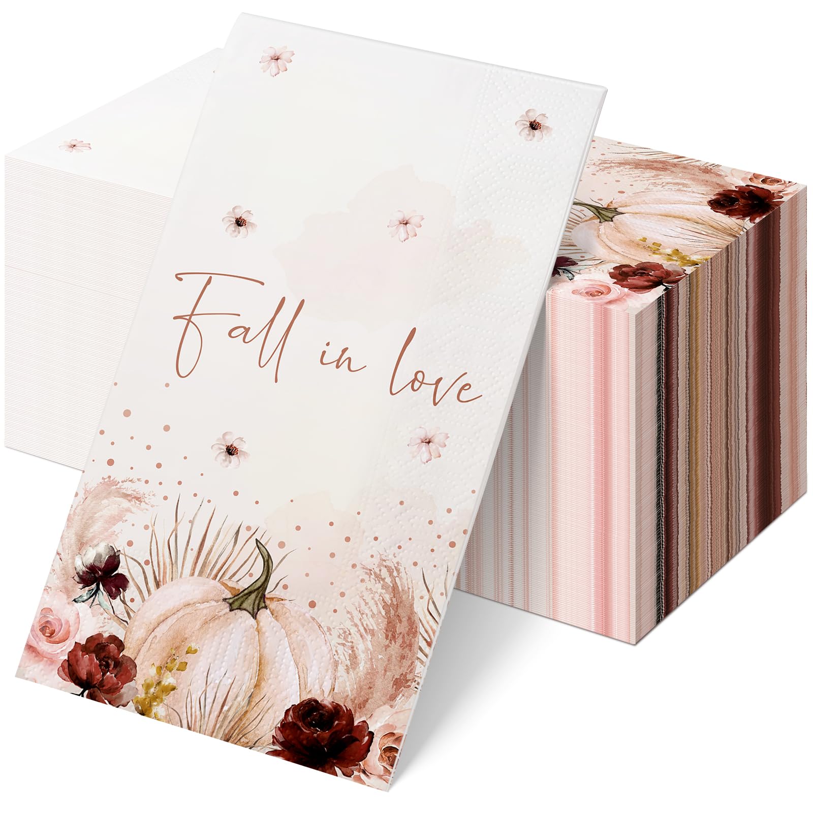 100Pcs Fall In Love Paper Napkins, Decorative Wedding Napkin Disposable Paper Hand Towels With Pumpkin Floral for Fall Wedding Bridal Showers Engagements Party Decorations,7.9 * 4.3 Inch