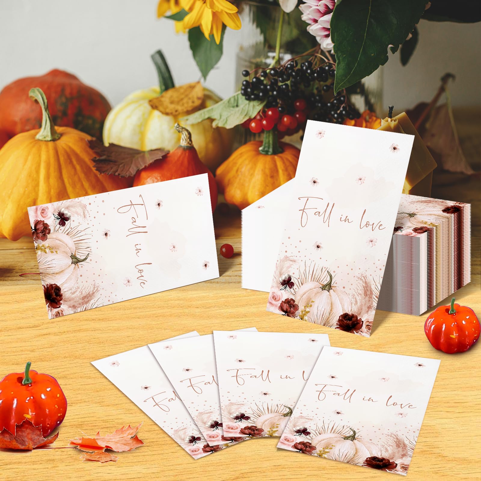 100Pcs Fall In Love Paper Napkins, Decorative Wedding Napkin Disposable Paper Hand Towels With Pumpkin Floral for Fall Wedding Bridal Showers Engagements Party Decorations,7.9 * 4.3 Inch