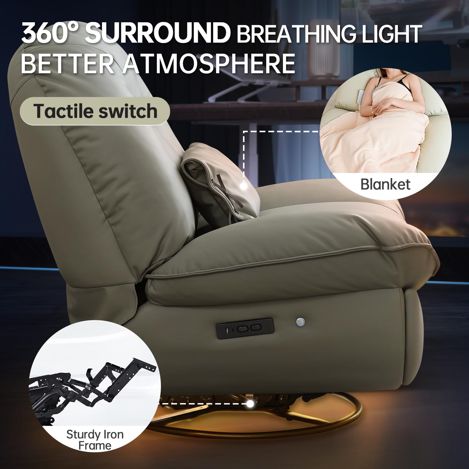 COOSLEEP Oversized Electric Rocker Recliner Swivel Glider with 43.5'' Sitting Width and 270° Swivel,360° Surround Sound Breathing Ambient Lighting,Comes a 3-in-1 Pillow (Beige)