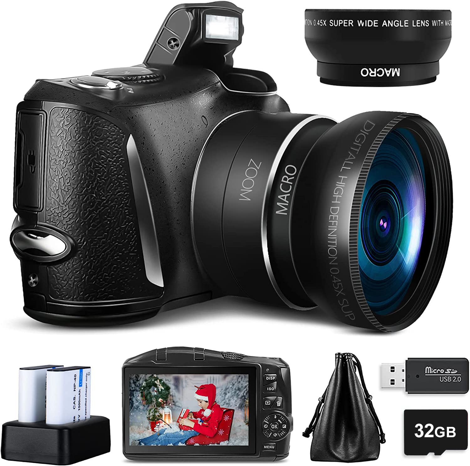 Monitech Digital Camera Compact Vlogging Camera, 4K 48MP Camera for Photography with 2 Batteries,32GB SD Card, 16x Digital Zoom, 3.0 inch Screen,Camera for Beginners