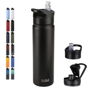 hasle outfitters insulated water bottle 22 oz double wall stainless steel water bottle wide mouth with straw lid & spout lid keeps cold or hot(black,1)