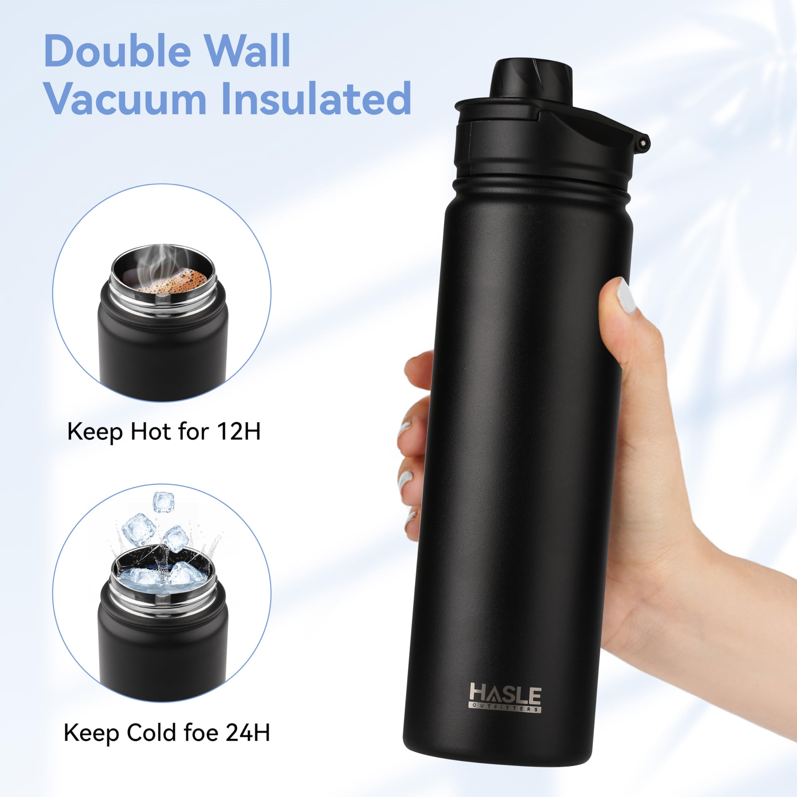 HASLE OUTFITTERS Insulated Water Bottle 22 oz Double Wall Stainless Steel Water Bottle Wide Mouth with Straw Lid & Spout Lid Keeps Cold or Hot(Black,1)
