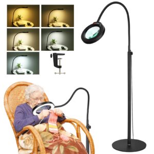 5x magnifying glass with light and stand, krstlv 24" flexible gooseneck magnifying floor lamp, 3-in-1 led 5 color modes stepless dimmable lighted magnifier hands free for close work, hobby, esthetican