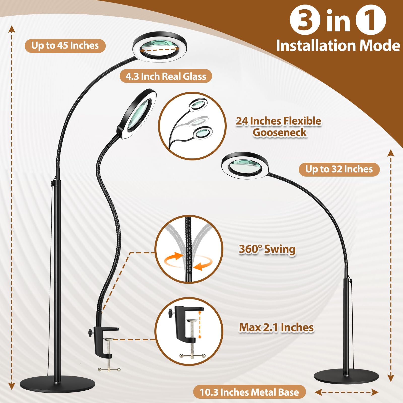 5X Magnifying Glass with Light and Stand, Krstlv 24" Flexible Gooseneck Magnifying Floor Lamp, 3-in-1 LED 5 Color Modes Stepless Dimmable Lighted Magnifier Hands Free for Close Work, Hobby, Esthetican