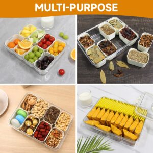 Yuroochii Divided Serving Tray with Handle - Lid & Removable Snack Box 8 Compartment Fruit Container Food Storage Snackle Lunch Organizer Fridge Platter Charcuterie Holder for Travel Candy Party Salad