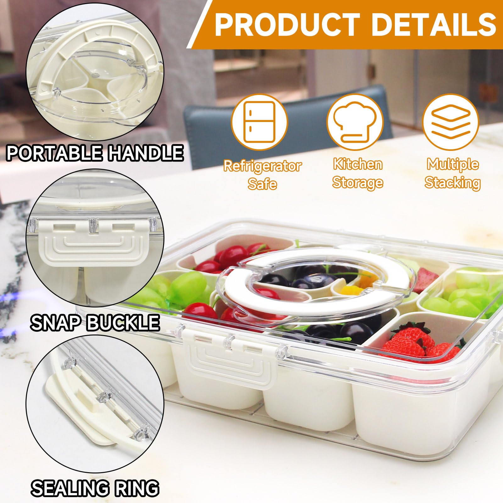 Yuroochii Divided Serving Tray with Handle - Lid & Removable Snack Box 8 Compartment Fruit Container Food Storage Snackle Lunch Organizer Fridge Platter Charcuterie Holder for Travel Candy Party Salad