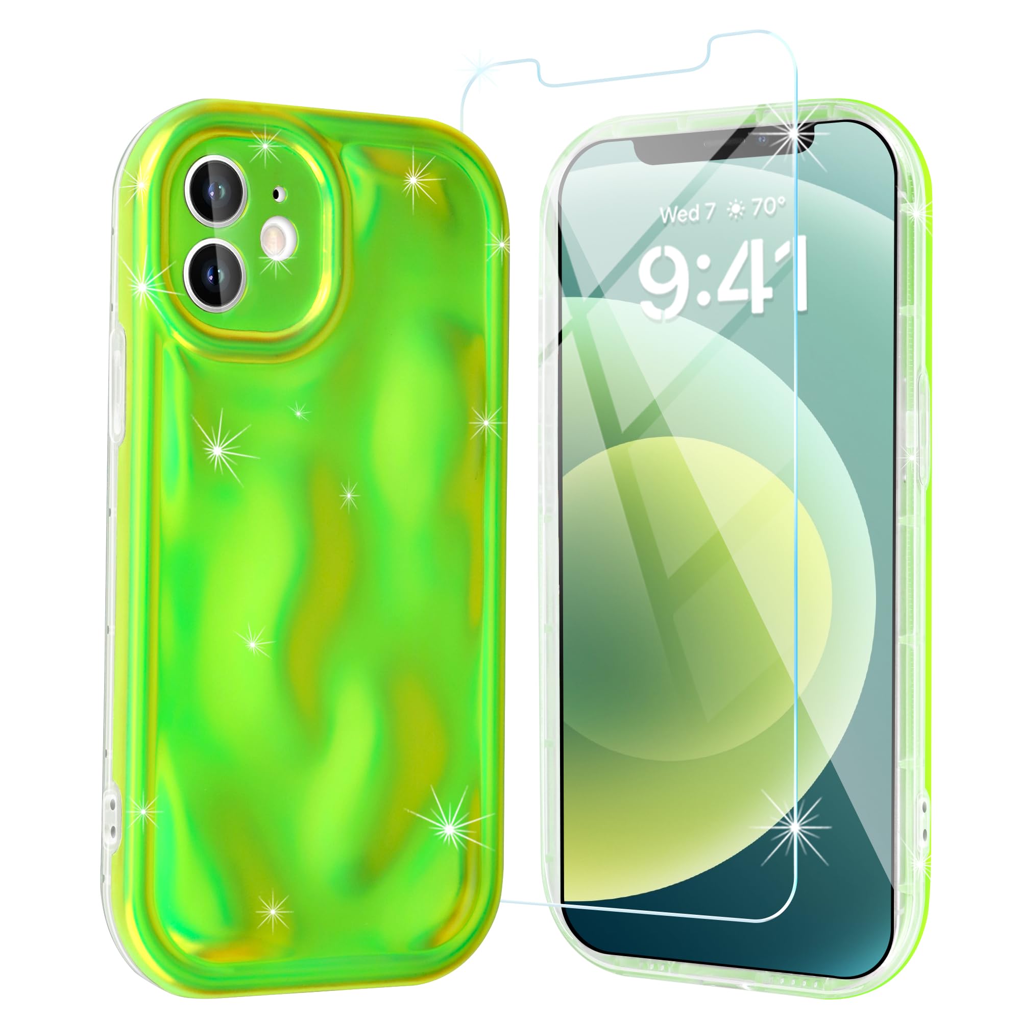 Fingic Designed for iPhone 12 Case,iPhone 12 Phone Case [with 1*Screen Protector][Water Ripple Shape Sparkly]Camera Lens Protection Thin Antislip 360° Protective Cover for iPhone 12(Fluorescent Green)