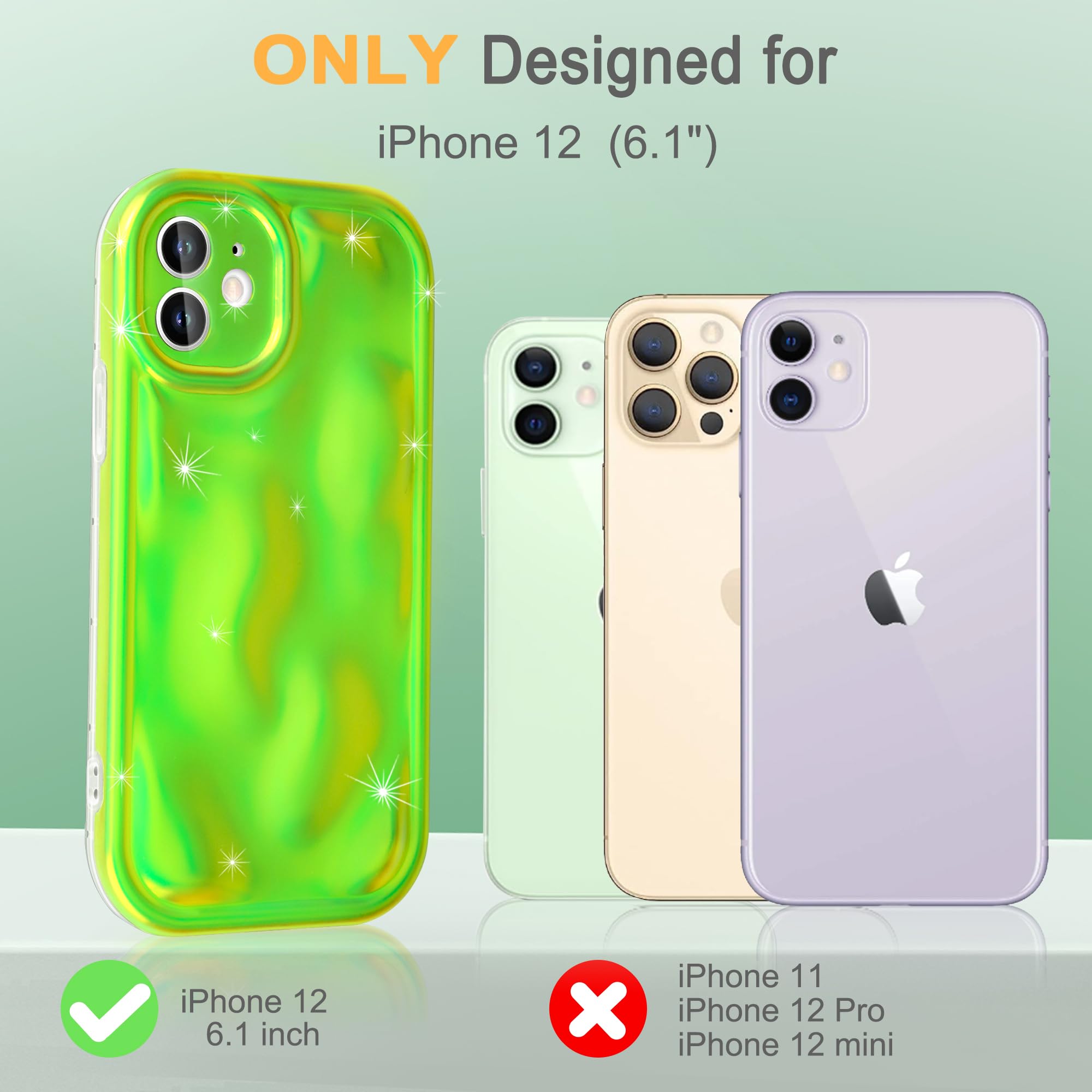 Fingic Designed for iPhone 12 Case,iPhone 12 Phone Case [with 1*Screen Protector][Water Ripple Shape Sparkly]Camera Lens Protection Thin Antislip 360° Protective Cover for iPhone 12(Fluorescent Green)