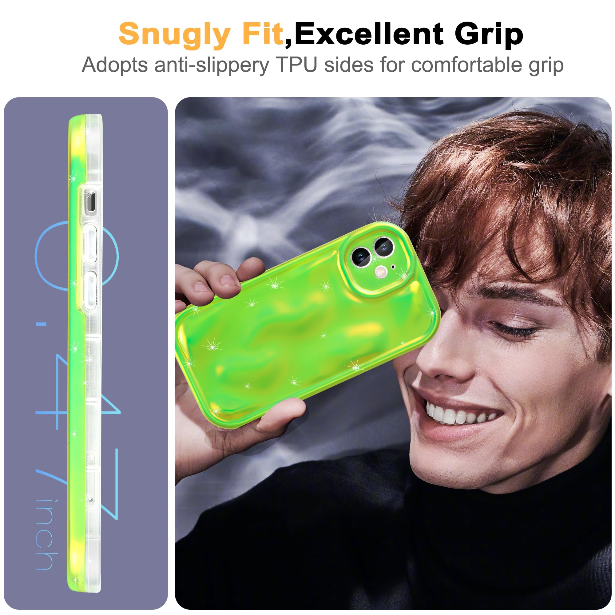 Fingic Designed for iPhone 12 Case,iPhone 12 Phone Case [with 1*Screen Protector][Water Ripple Shape Sparkly]Camera Lens Protection Thin Antislip 360° Protective Cover for iPhone 12(Fluorescent Green)