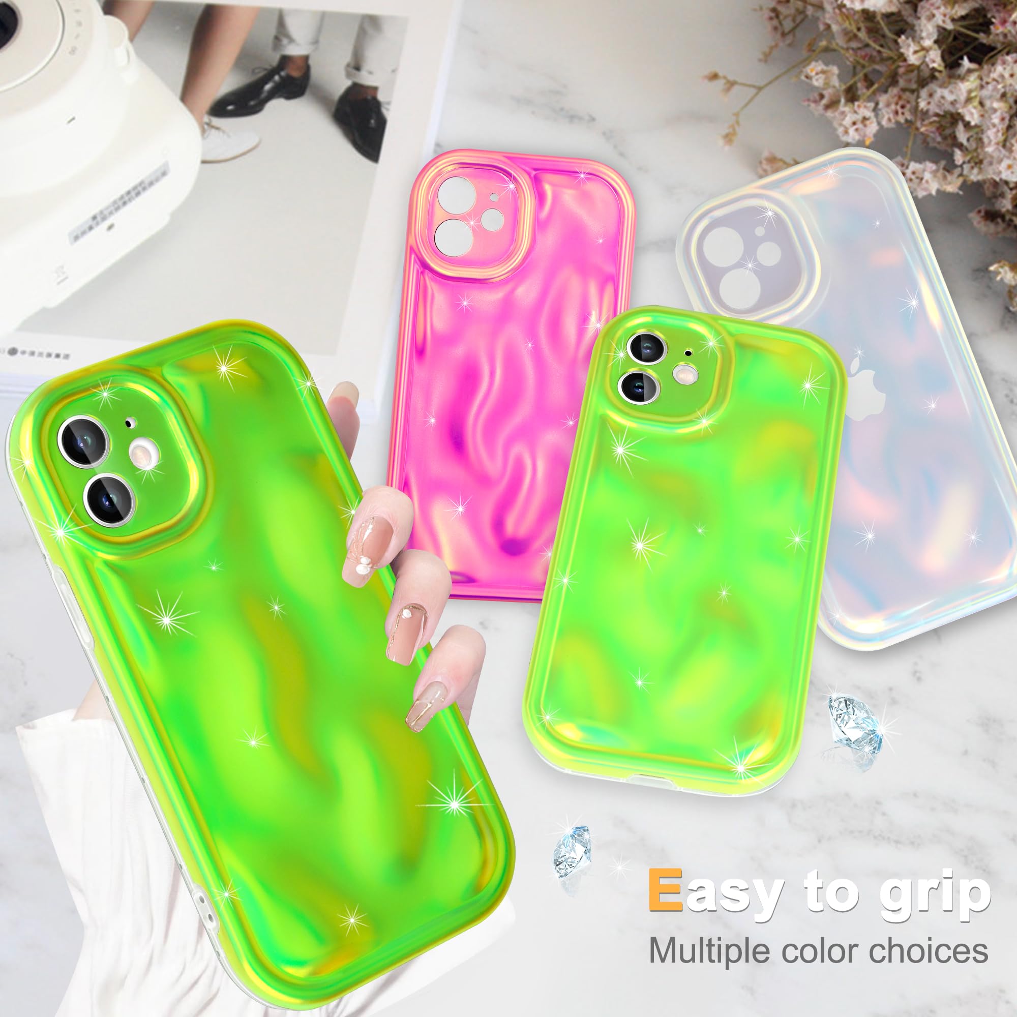 Fingic Designed for iPhone 12 Case,iPhone 12 Phone Case [with 1*Screen Protector][Water Ripple Shape Sparkly]Camera Lens Protection Thin Antislip 360° Protective Cover for iPhone 12(Fluorescent Green)