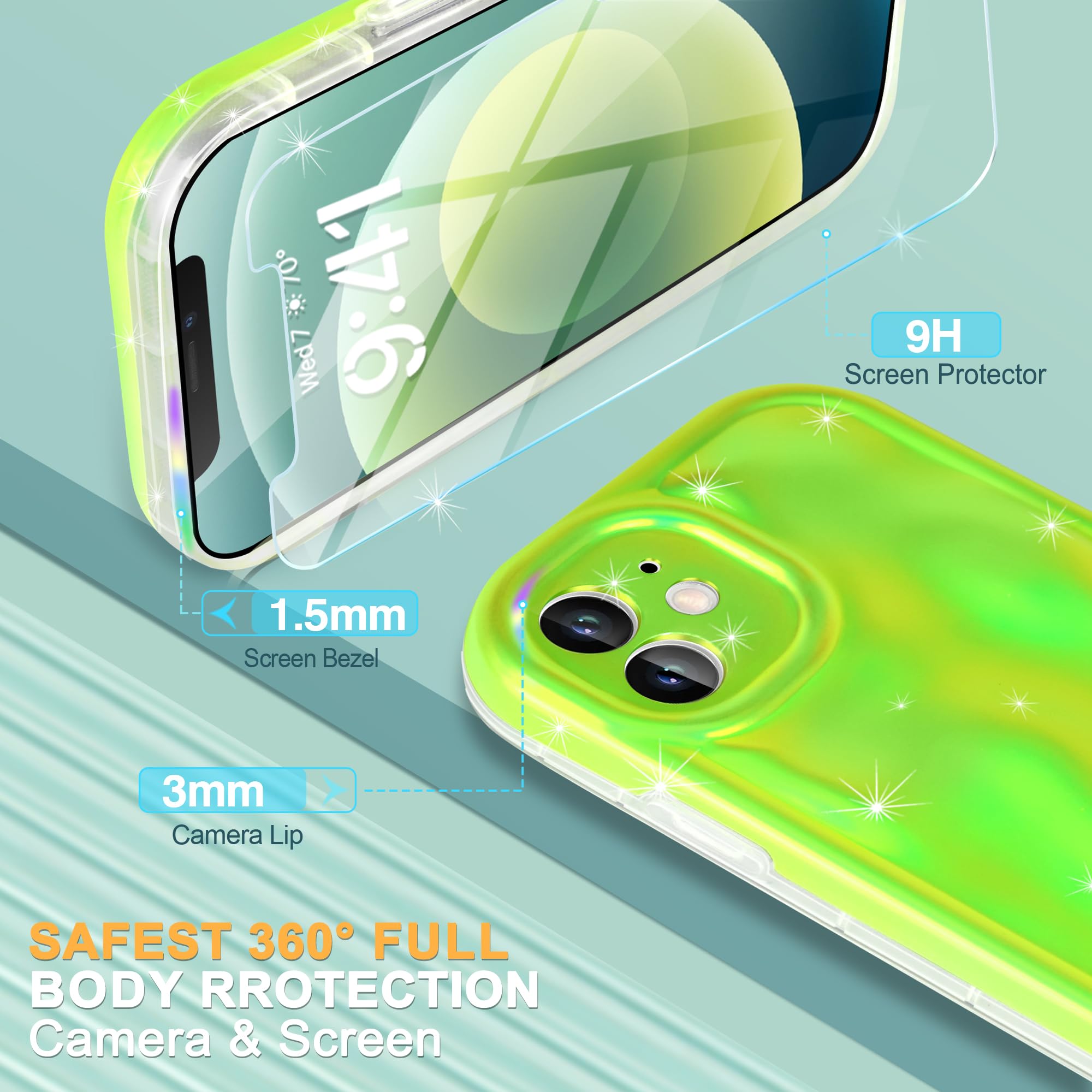 Fingic Designed for iPhone 12 Case,iPhone 12 Phone Case [with 1*Screen Protector][Water Ripple Shape Sparkly]Camera Lens Protection Thin Antislip 360° Protective Cover for iPhone 12(Fluorescent Green)