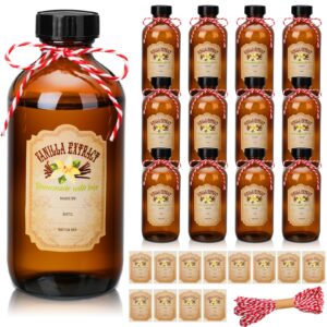 uiifan 12 pack 8 ounce amber glass bottle boston round bottles with caps brown vanilla extract bottles and 12 pcs vanilla extract stickers for syrup gift glass food storage canister set sauce beans