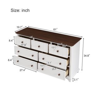 7 Drawer Dresser, Dresser for Bedroom, Storage Drawer Cabinet for Home Office,Nursery Baby Dresser Organizer, Chest of Drawers for Kid’s Room, Bedroom(White)