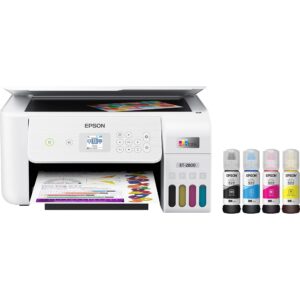 epson ecotank et-2800 all-in-one wireless color supertank inkjet printer for home, white - print scan copy - 10 ppm, 5760 x 1440 dpi, 1.44" lcd display, borderless photo prints, cartridge-free
