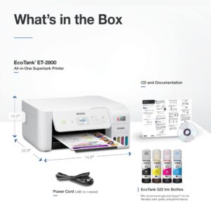 Epson EcoTank ET-2800 All-in-One Wireless Color Supertank Inkjet Printer for Home, White - Print Scan Copy - 10 ppm, 5760 x 1440 dpi, 1.44" LCD Display, Borderless Photo Prints, Cartridge-Free