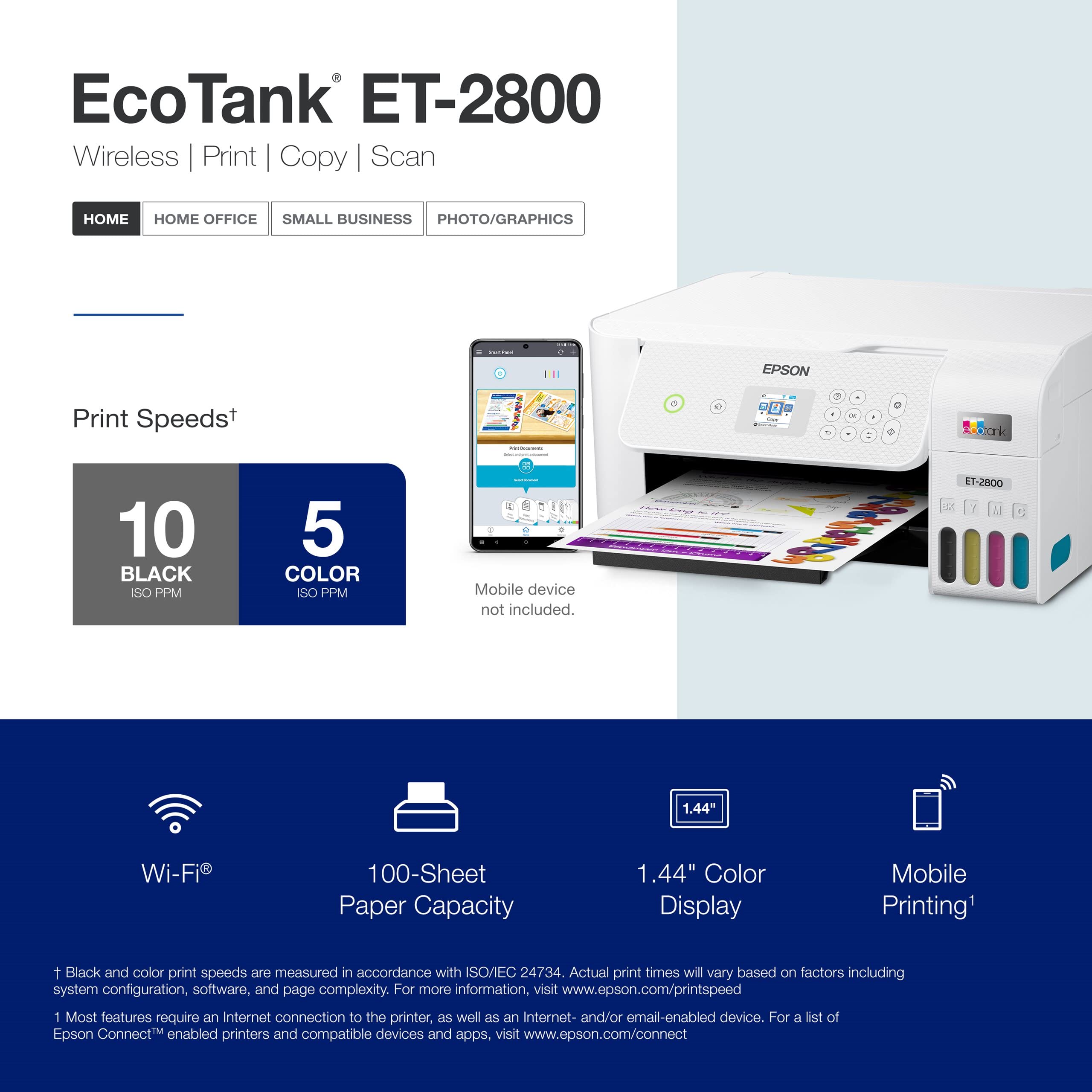 Epson EcoTank ET-2800 All-in-One Wireless Color Supertank Inkjet Printer for Home, White - Print Scan Copy - 10 ppm, 5760 x 1440 dpi, 1.44" LCD Display, Borderless Photo Prints, Cartridge-Free