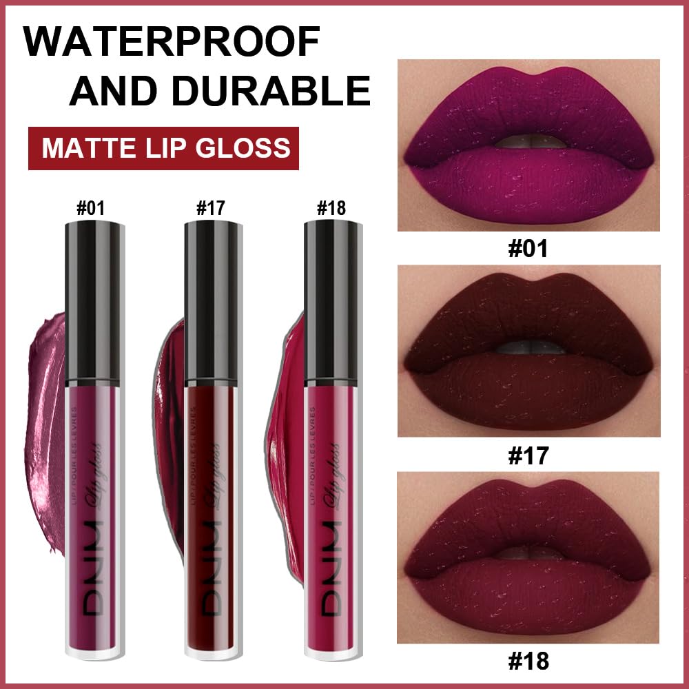 evpct DNM 3Pcs Dark Red Purple Plum Matte Liquid Lipstick Lip Stain Sets for Women Matte+Lipstick Dark Maroon Long Lasting Permanent Lipstick 24 hr Hours Magic Lipstick 24 Hours original Waterproof