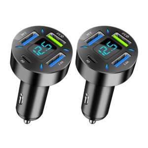 moioee 4 ports usb car charger, 66w super fast charging usb qc 3.0, usb adapter charger with led voltmeter for car cigarette lighter plug, compatible with most cell phone (1, pd+qc3.0+2.4a)