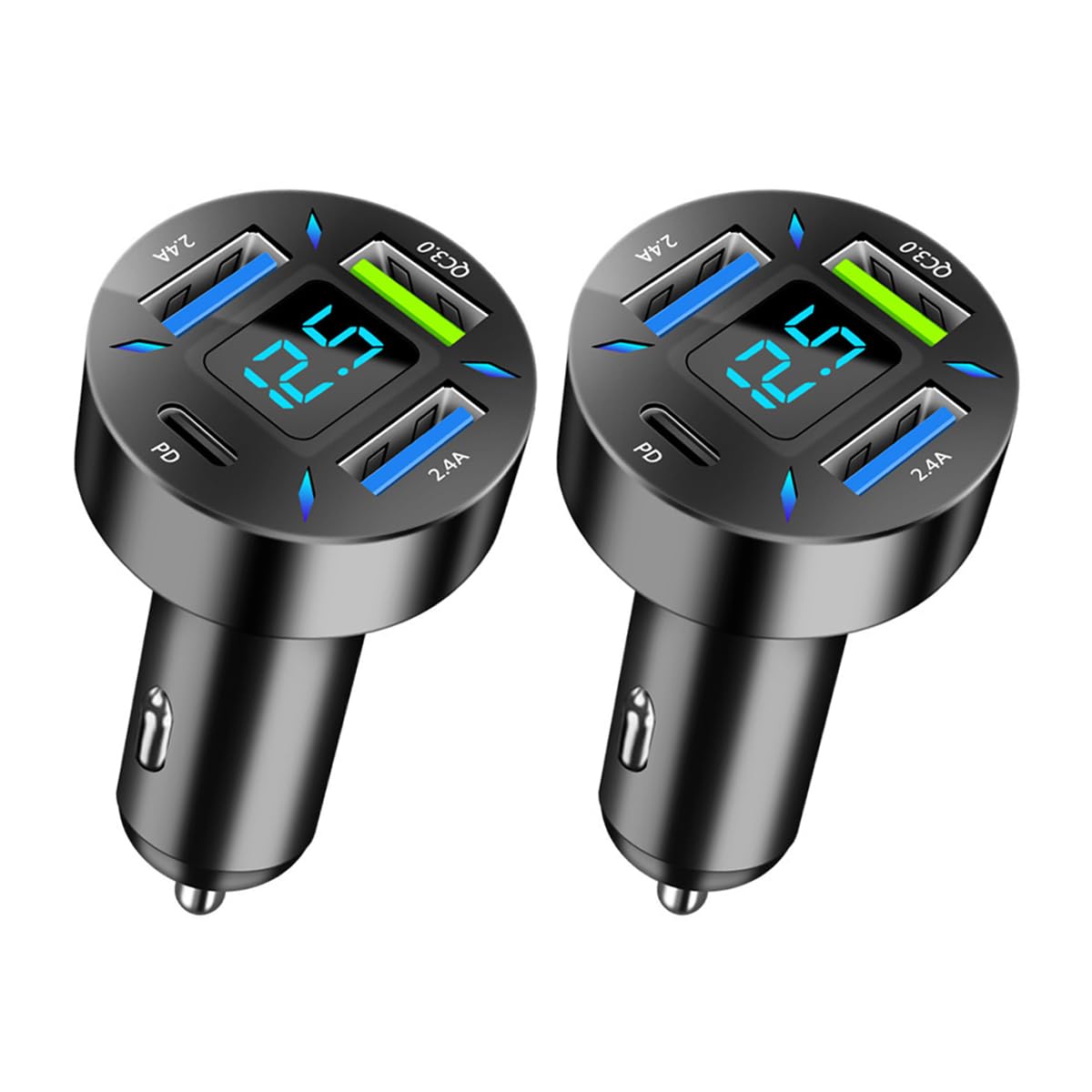 Moioee 4 Ports USB Car Charger, 66W Super Fast Charging USB QC 3.0, USB Adapter Charger with LED Voltmeter for Car Cigarette Lighter Plug, Compatible with Most Cell Phone (1, PD+QC3.0+2.4A)