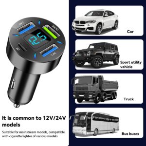 Moioee 4 Ports USB Car Charger, 66W Super Fast Charging USB QC 3.0, USB Adapter Charger with LED Voltmeter for Car Cigarette Lighter Plug, Compatible with Most Cell Phone (1, PD+QC3.0+2.4A)