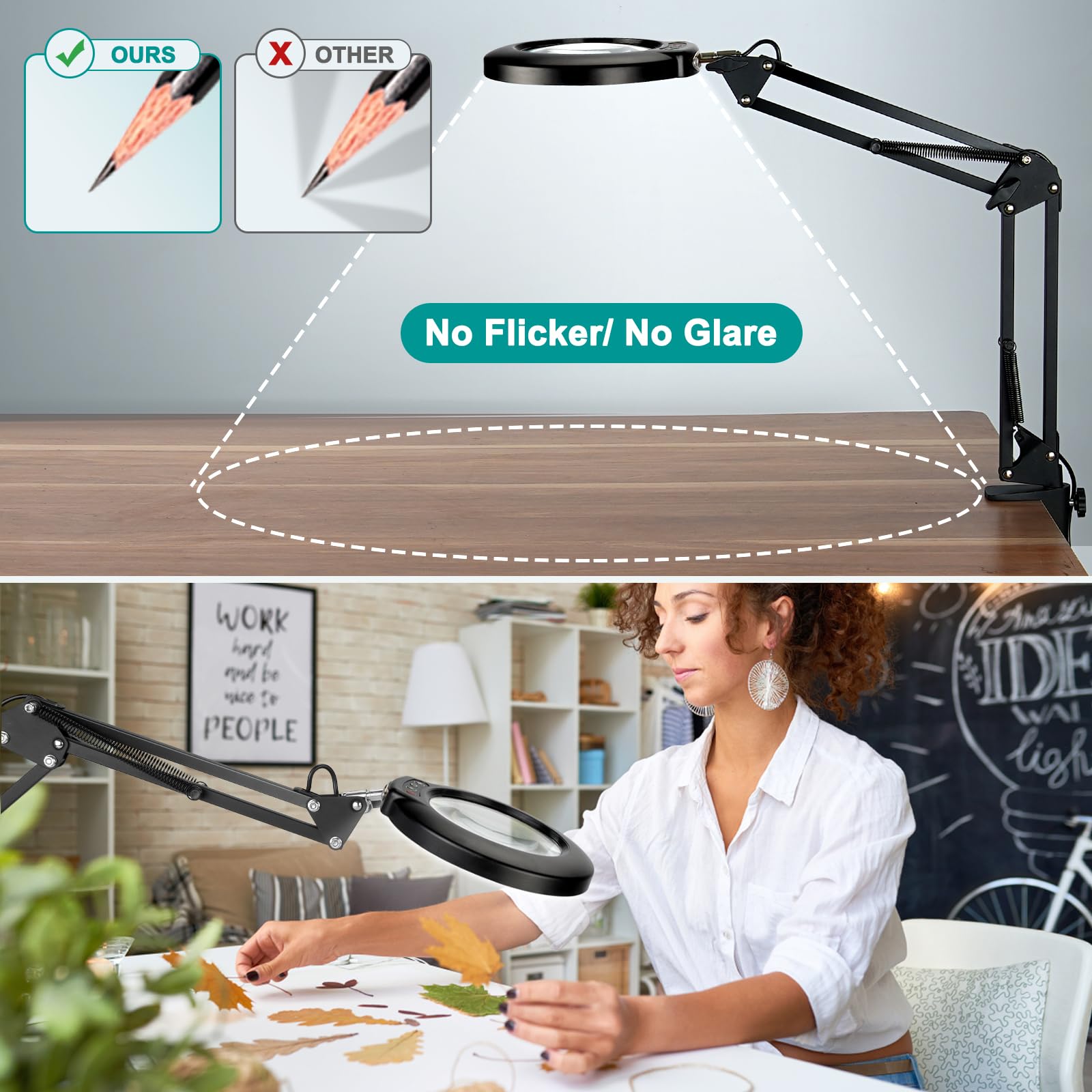 Drdefi 10X Magnifying Glass with Light and Clamp，Adjustable Swing Arm LED Lighted Desk Lamp, 5 Color Modes Stepless Dimmable Hands Free Magnifier Lamp for Craft Hobby Close Works Painting Reading