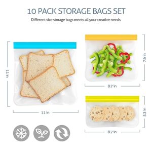 Reusable Storage Bags, 10 Pack Dishwasher Safe Silicone Food Storage Bags with 3 Sizes for Marinate Meats, Sandwich, Snack, Cereal, Travel Item