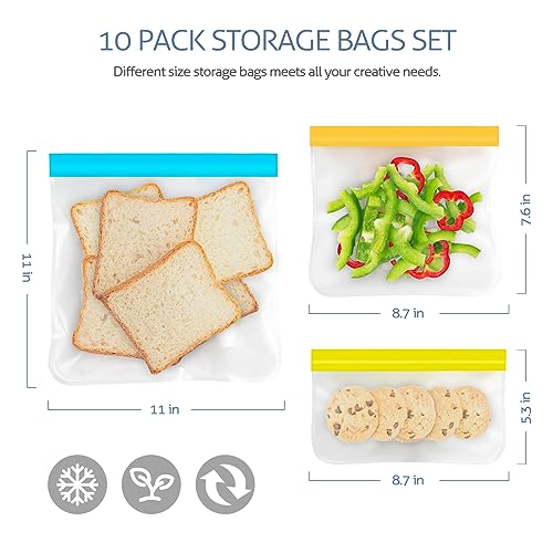 Reusable Storage Bags, 10 Pack Dishwasher Safe Silicone Food Storage Bags with 3 Sizes for Marinate Meats, Sandwich, Snack, Cereal, Travel Item