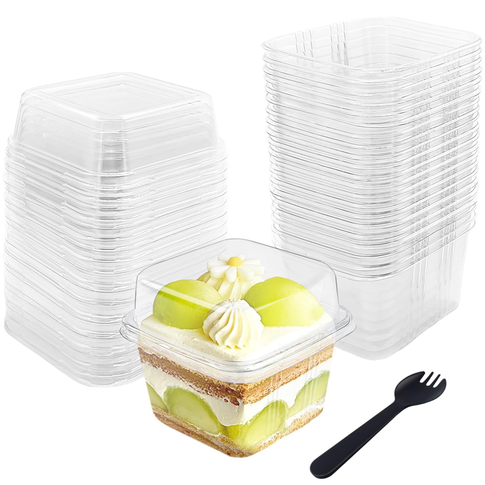 Qyyiguf 50 Pcs 8OZ Plastic Dessert Cups with Lids and Spoons,Square Parfait Cups,Disposable Ice Cream Containers for Cupcake,Pudding,Snacks,Yogurt,ParfaitFruits,Mousse