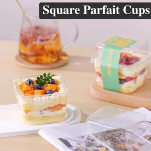 Qyyiguf 50 Pcs 8OZ Plastic Dessert Cups with Lids and Spoons,Square Parfait Cups,Disposable Ice Cream Containers for Cupcake,Pudding,Snacks,Yogurt,ParfaitFruits,Mousse