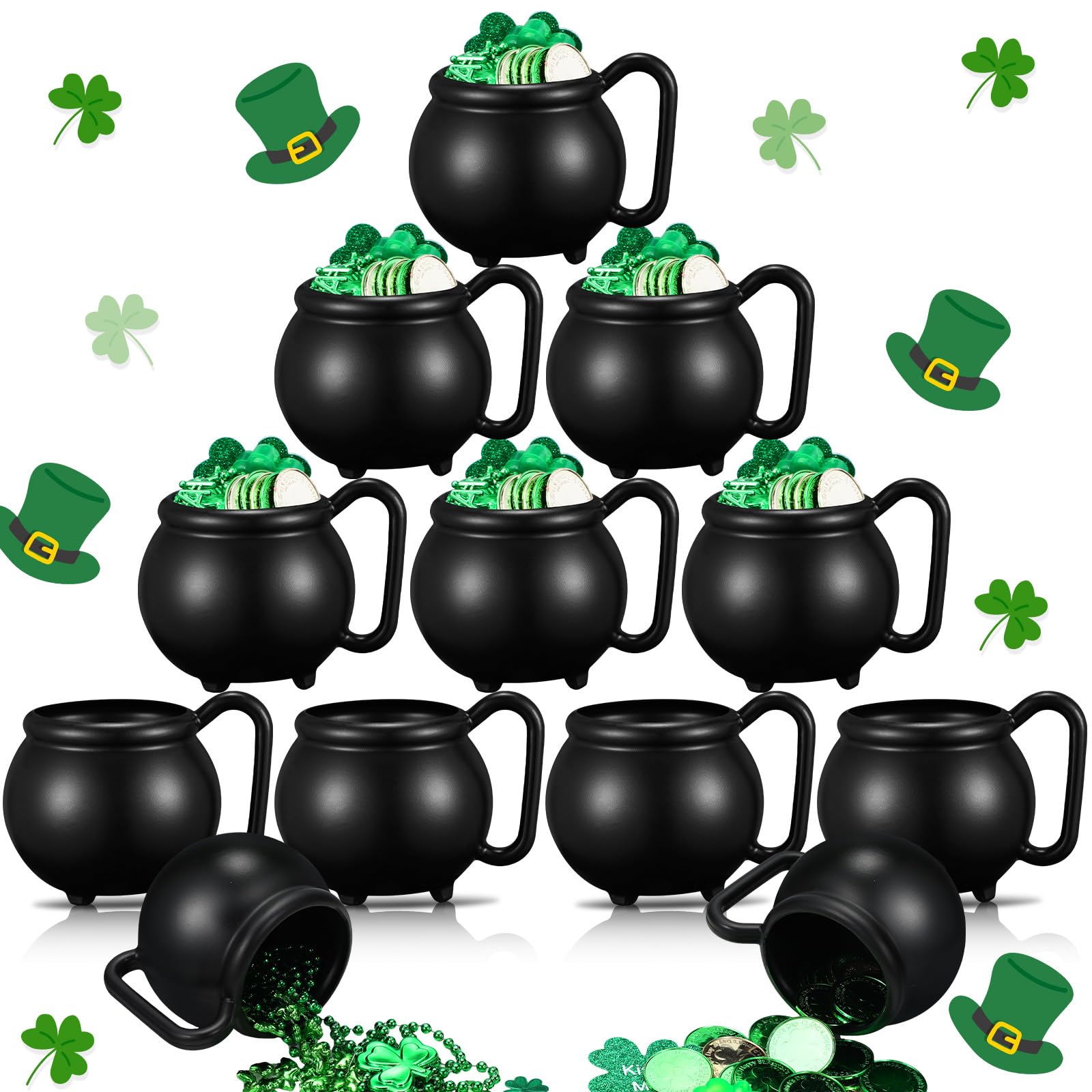 Uiifan 12 Pcs 15 oz St. Patrick's Day Cauldron Cups Cauldron Pot Cups for Drinks Plastic St Patricks Day Cauldron Mug for Party Gift Supplies (Black)