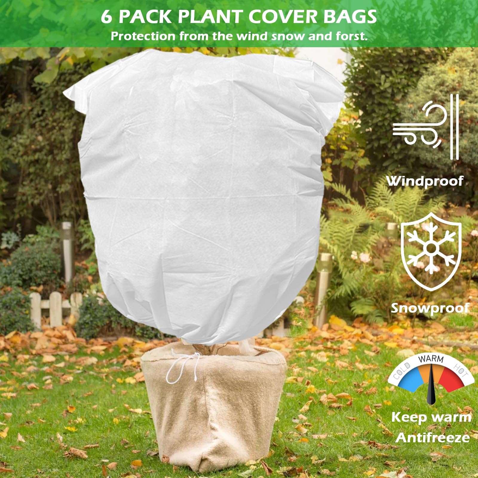 6 Pack Plant Covers Frost Protection Bag Winter Drawstring Plant Covers Winter Reusable Plants Jacket for Fruit Tree Shrub Potted Plants (24" x 31.5")