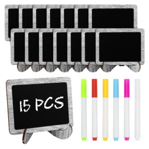 temlum 15 pcs mini chalkboard sign with 6 color chalk markers, 2.9″ x 3.9″ wooden blackboard reusable small chalkboards for food, buffet, parties, message boards, table numbers (rustic white)