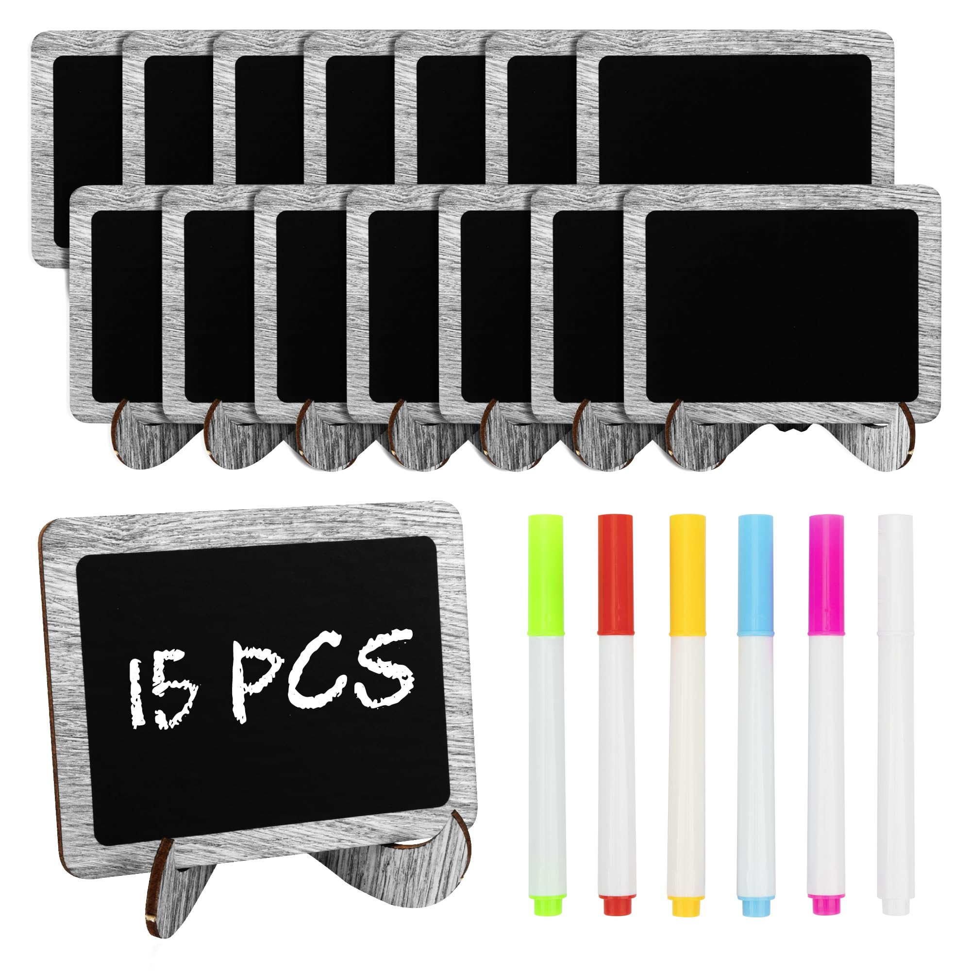 Temlum 15 Pcs Mini Chalkboard Sign with 6 Color Chalk Markers, 2.9″ x 3.9″ Wooden Blackboard Reusable Small Chalkboards for Food, Buffet, Parties, Message Boards, Table Numbers (Rustic White)