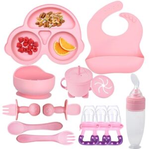 miicasa silicone baby feeding set, baby led weaning supplies kit with suction bowl & car plate, bib, spoon, fork, cup - food-grade silicone, dishwasher-safe, no bpas - for 3+ months