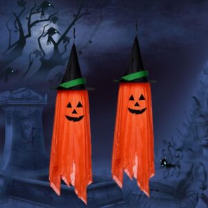 CROOT Halloween Decorations,2 Pack Orange Pumpkins Wizard Hat Outdoor Halloween Decorations, Halloween Orange Ornaments Party Decor for Fall Home Garden Tree Porch Lawn Window