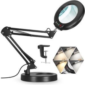 veemagni 10x magnifying glass with light, 5 color modes stepless dimmable 2-in-1 desk lamp and clamp, led lighted magnifier with light and stand, hands free for craft repair hobby painting close work