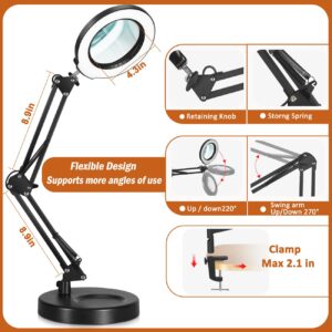 Veemagni 10X Magnifying Glass with Light, 5 Color Modes Stepless Dimmable 2-in-1 Desk Lamp and Clamp, LED Lighted Magnifier with Light and Stand, Hands Free for Craft Repair Hobby Painting Close Work