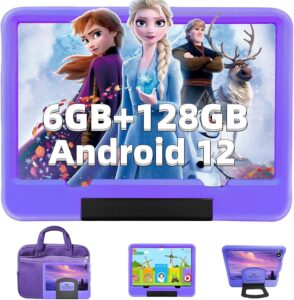 ouzrs kids tablet android 12 kid tablet 128gb rom 1tb extensions 6gb ram 6850mah,5g dual wifi gsm certification with protective case for 10 inch tablet child's learning and entertainment(purple)