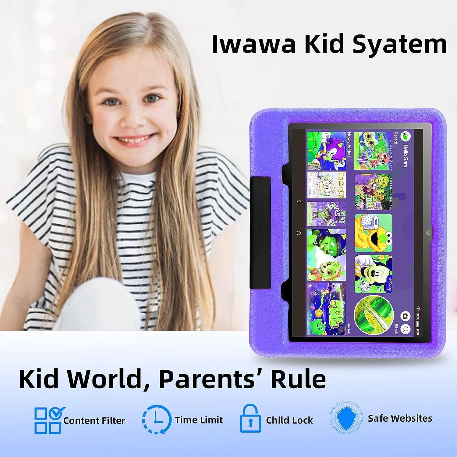 OUZRS Kids Tablet Android 12 Kid Tablet 128GB ROM 1TB Extensions 6GB RAM 6850mAh,5G Dual WiFi GSM Certification with Protective Case for 10 Inch Tablet Child's Learning and Entertainment(Purple)