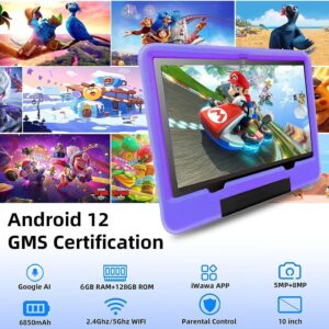 OUZRS Kids Tablet Android 12 Kid Tablet 128GB ROM 1TB Extensions 6GB RAM 6850mAh,5G Dual WiFi GSM Certification with Protective Case for 10 Inch Tablet Child's Learning and Entertainment(Purple)