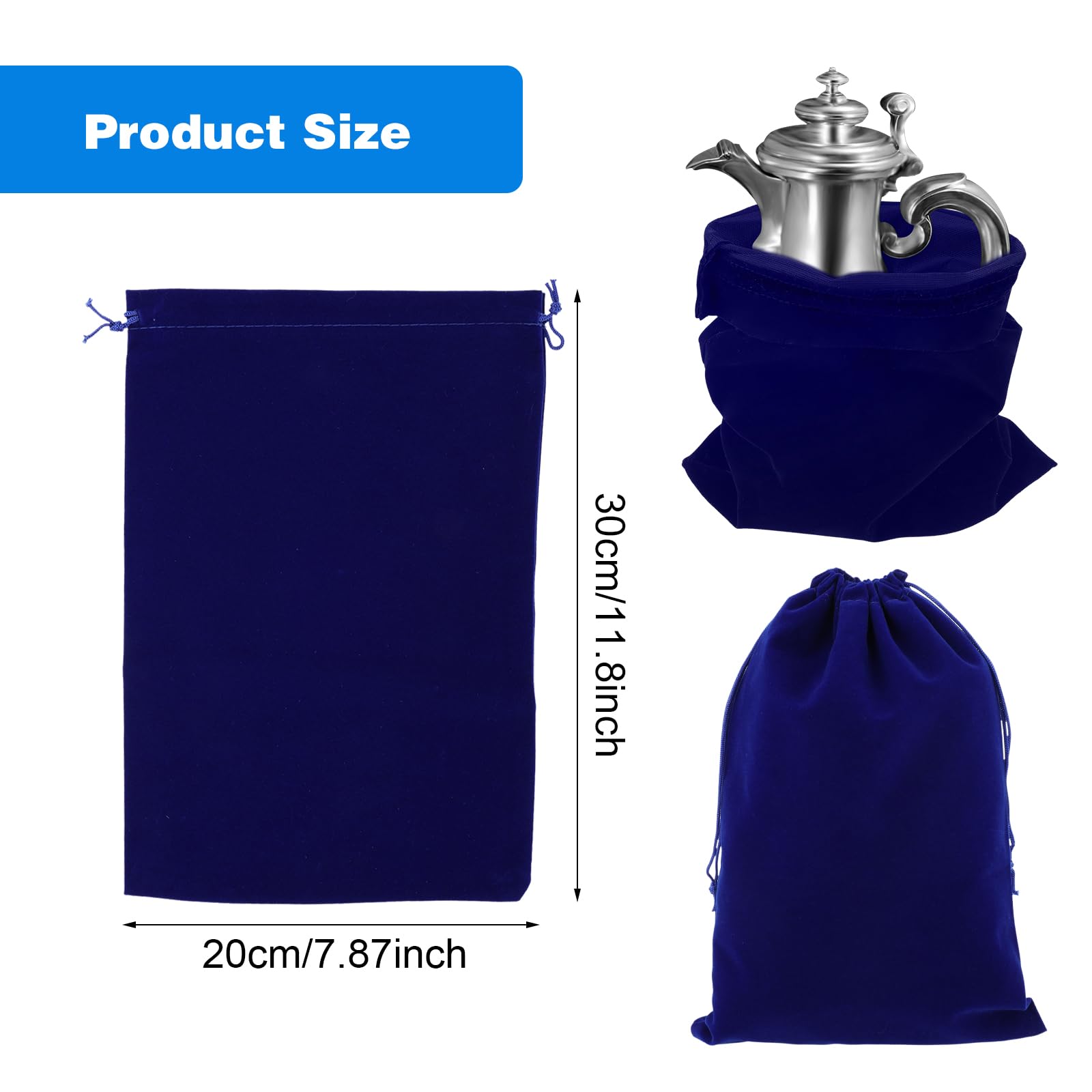 cobee Silver Storage Bags, 4pcs Anti Tarnish Cloth Pouches Large Siliver Protecter Bags Protection Resistant Cloth Storage Plush Bag for Jewelry, Silverware, Flatware Cleaning, 11.8" x 7.8"(Blue)