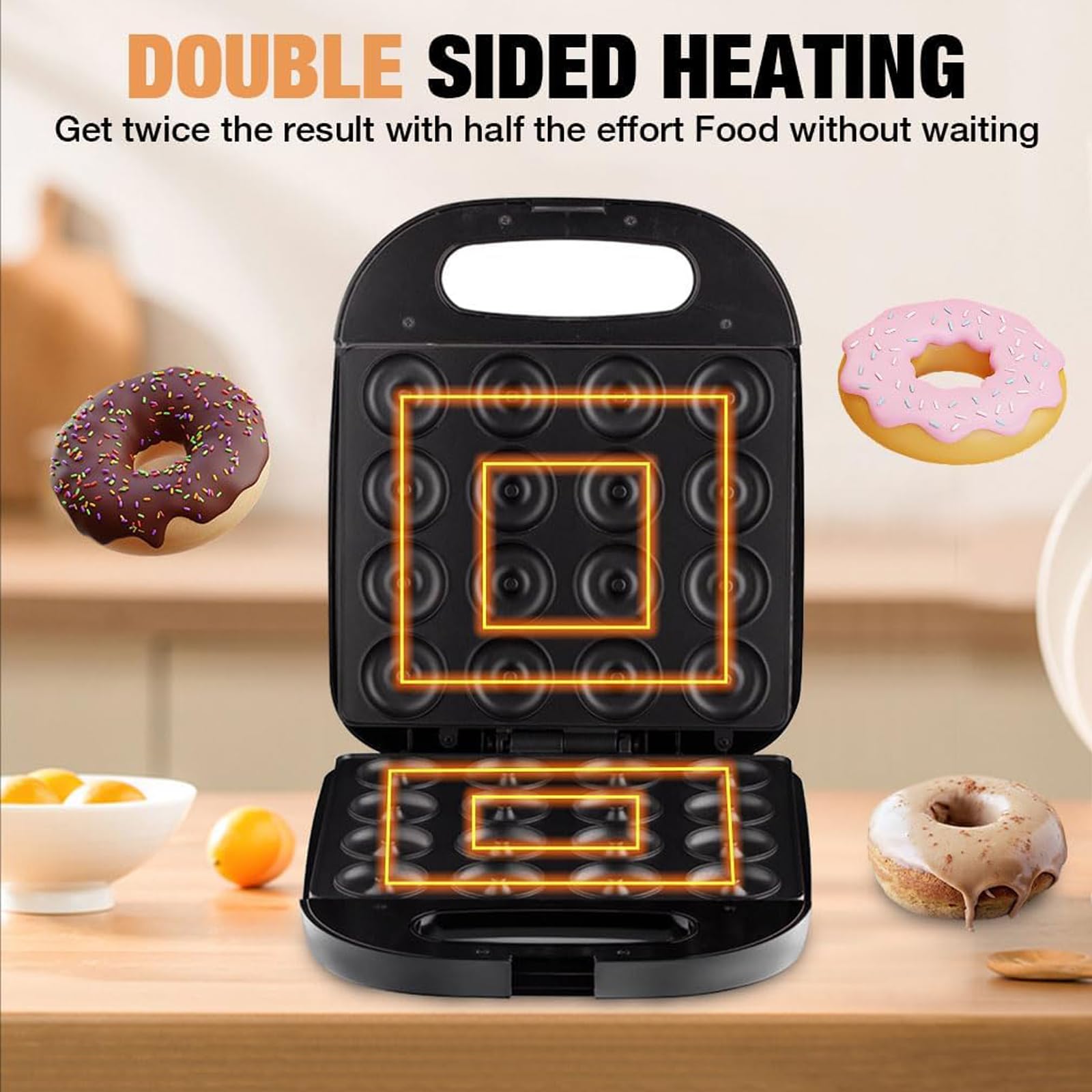 Mini Donut Maker, Machine for Kid-Friendly Breakfast, Mini pancakes maker Machine for Breakfas,Snacks, Desserts & More with Non-stick Surface, Double-sided heating Makes 16 Doughnuts - Black