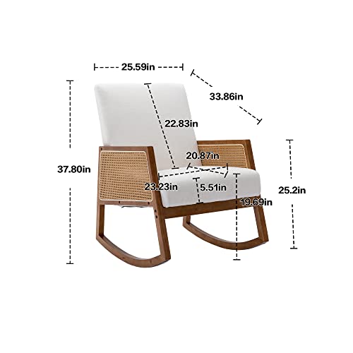 Lamerge Rattan Rocking Chair, Wooden Rocker Glider, Linen Upholstered Nursery Rocking Chair, Rattan Accent High Backrest Comfortable Glier Chair for Living Room, Bedroom, Nursery, Beige