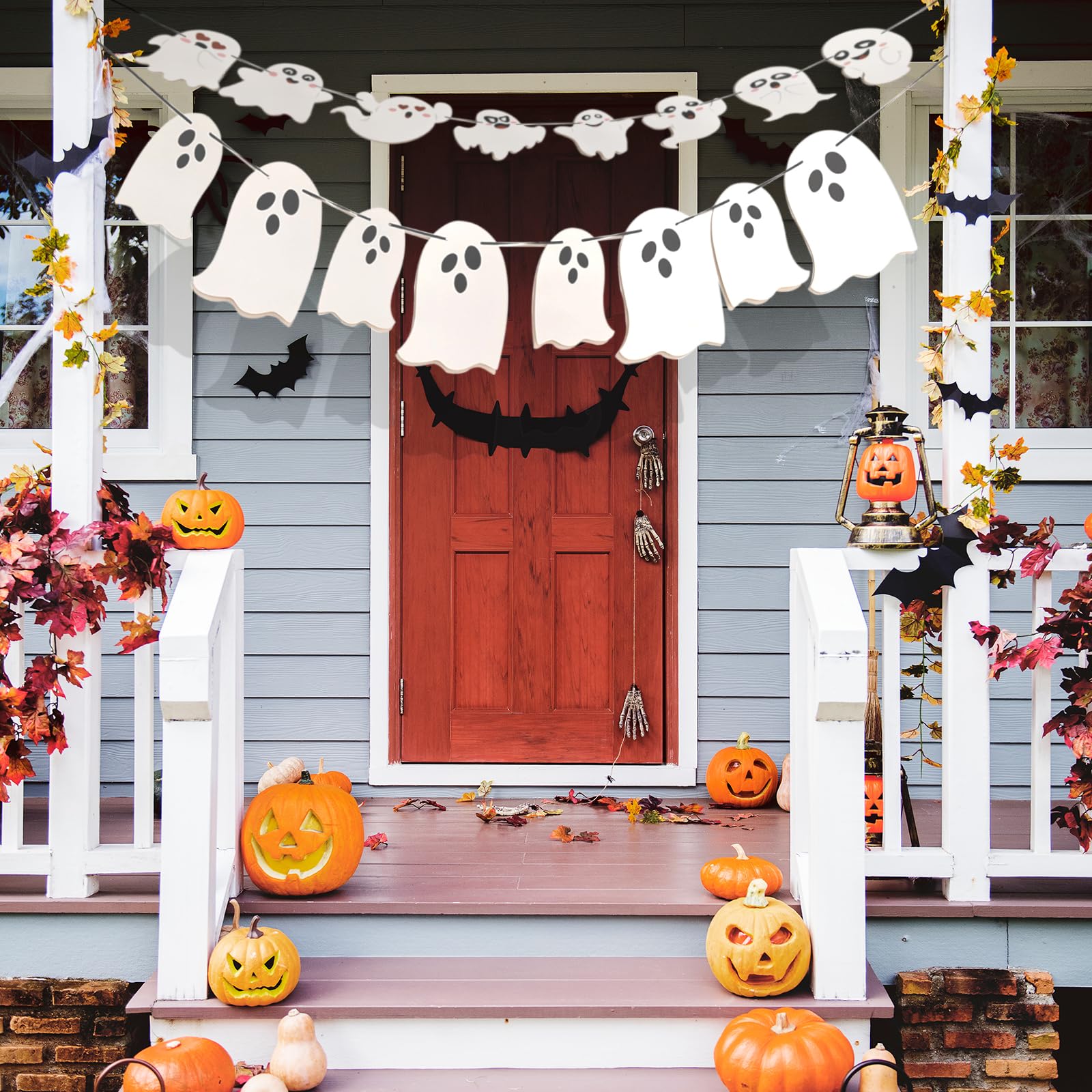 Comelodiant 2 Pack White Halloween Hanging Ghost Banner Halloween Ghost Garland for Haunted Houses Halloween Party Indoor Outdoor Decorations Home Mantel Decorations