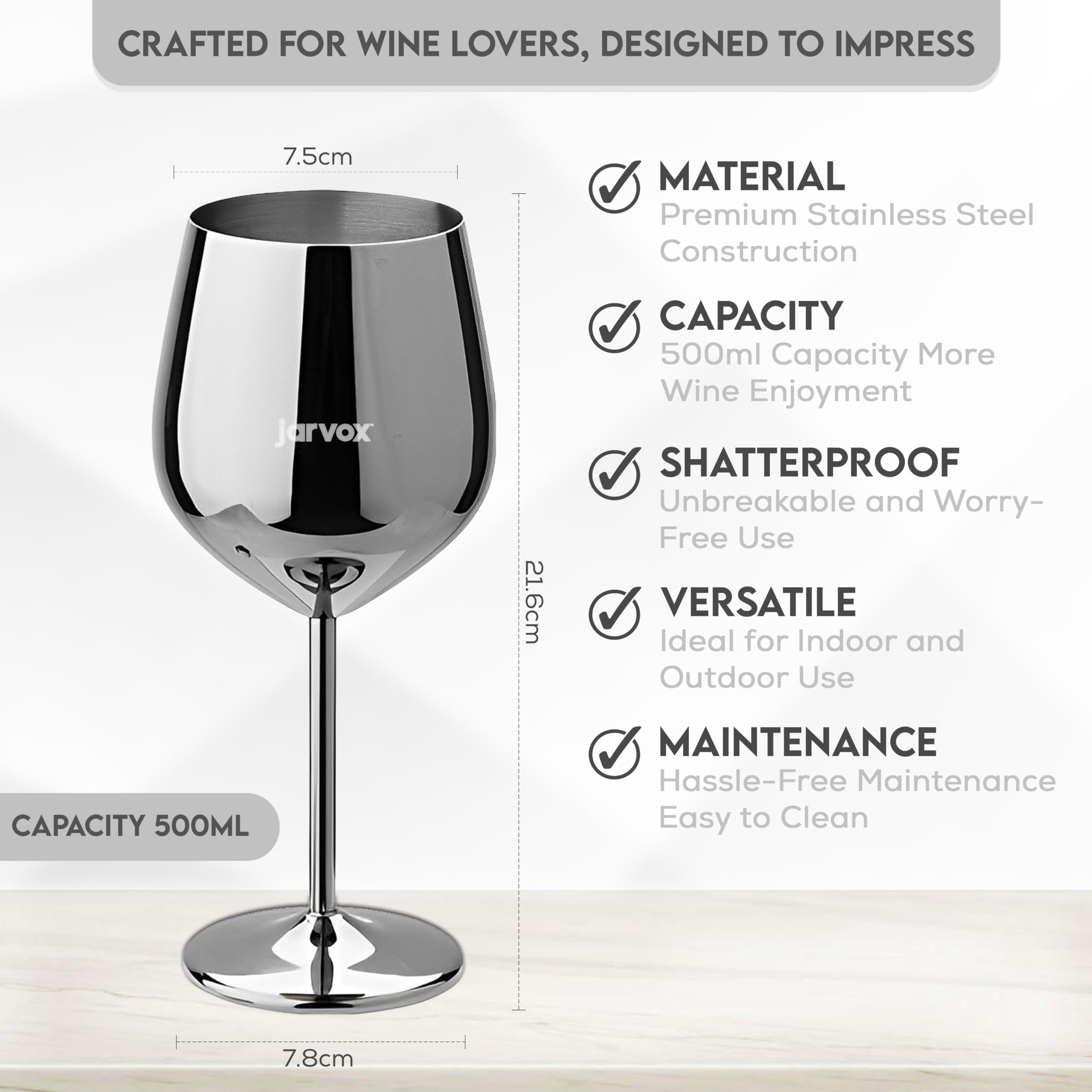 jarvox Stainless Steel Wine Glass - Set of 1 - Sliver, Gold, Rose Gold, Black - 500ml (Black)