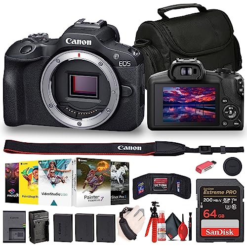 Canon EOS R100 Mirrorless Camera (6052C002) + Corel Photo Software + Bag + 64GB Card + 2 x LPE17 Battery + Charger + Card Reader + Flex Tripod + Cleaning Kit + Memory Wallet + Hand Strap (Renewed)