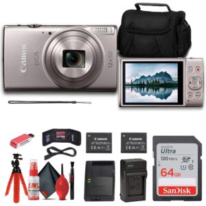 canon powershot ixus 285 hs 12x optical zoom digital camera (silver) (1079c001) + nb11l battery + 64gb memory card + case + charger + card reader + flex tripod + cleaning kit + memory wallet (renewed)