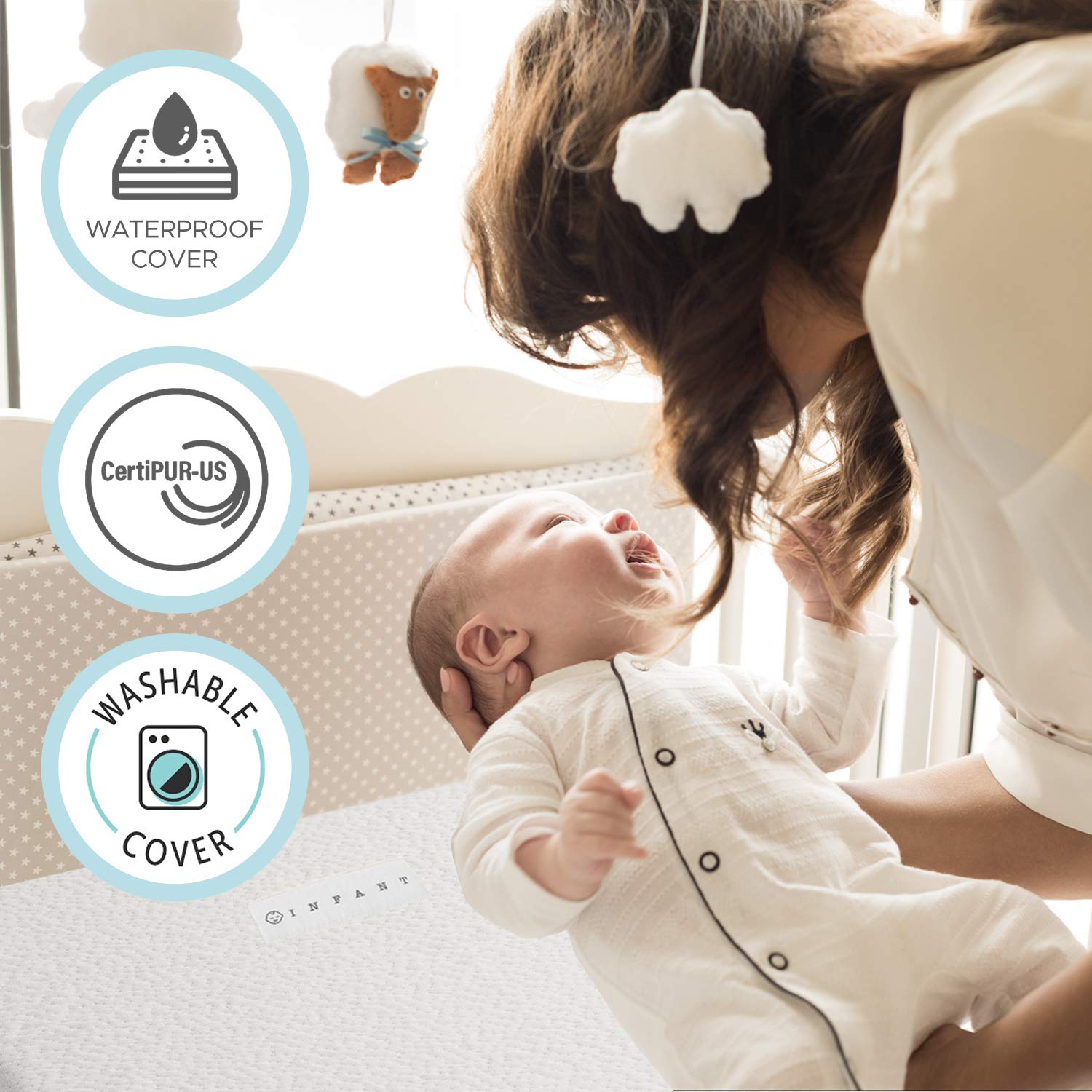 Organic Cotton 2-Sided Crib Mattress | Waterproof Washable Protector w/Ventilated Foam Lining| Light 2-in-1 Baby Mattress w/Firm Support for Infant & Soft CertiPUR Foam for Toddler | 52 x 27 x 4”