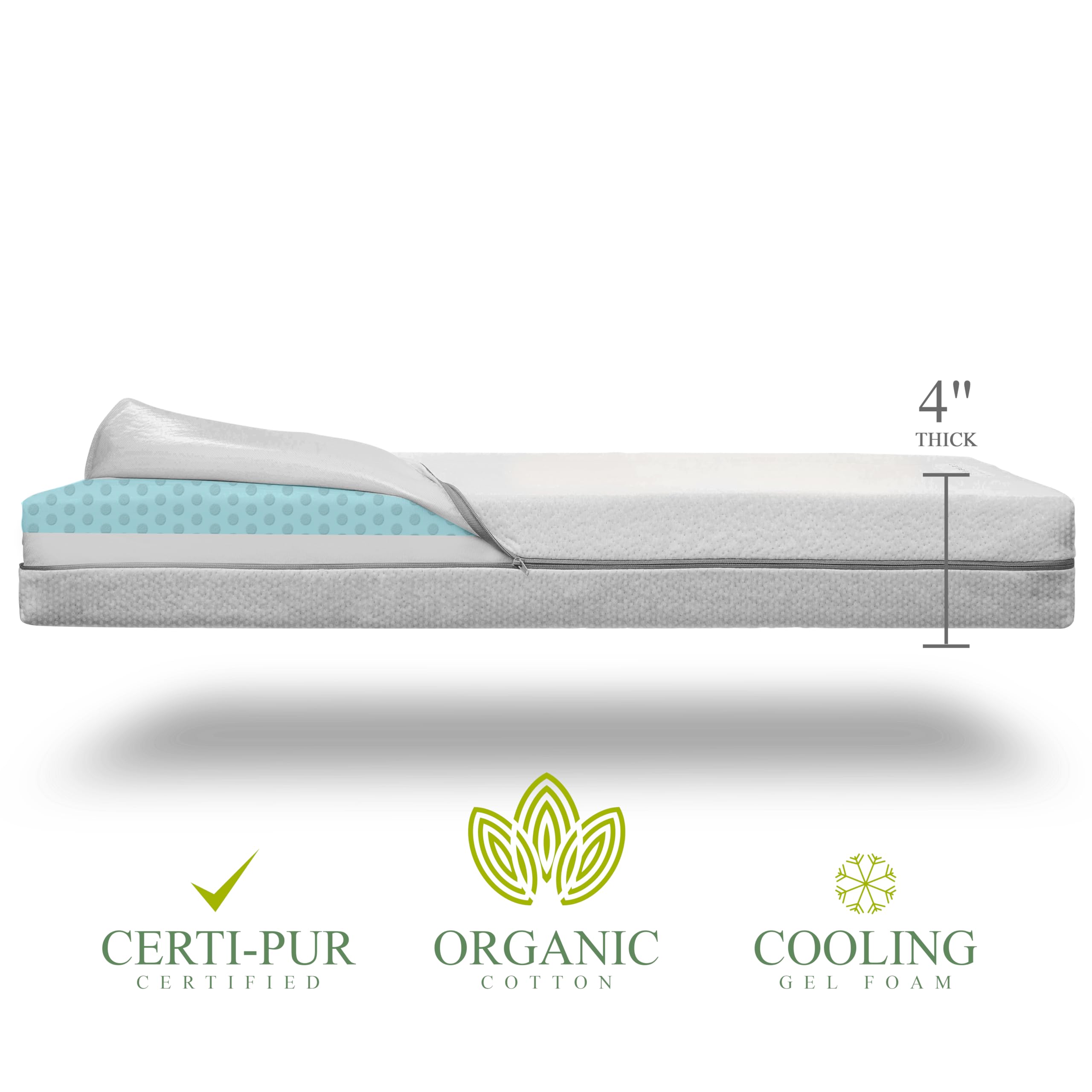 Organic Cotton 2-Sided Crib Mattress | Waterproof Washable Protector w/Ventilated Foam Lining| Light 2-in-1 Baby Mattress w/Firm Support for Infant & Soft CertiPUR Foam for Toddler | 52 x 27 x 4”