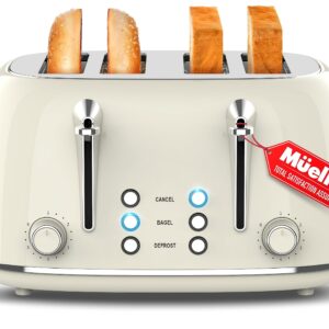 Mueller Retro Toaster 4 Slice with Extra Wide Slots Bagel, Defrost, and Cancel Function, 6 Browning Levels, Dual Independent Controls, Removable Crumb Tray and High Lift Levers, Beige